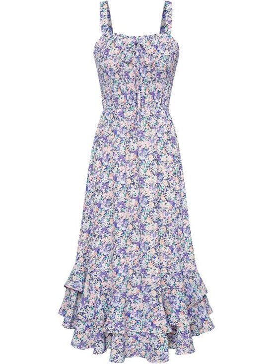 Dresses & Skirts - Women's Summer Floral Boho Dress Purple Floral Square Neck Strapped Swing A Line